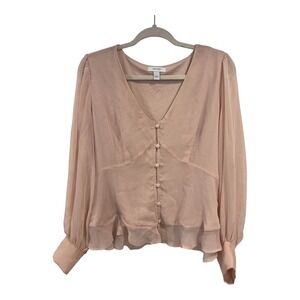 Nine West Womens Blush Pink Chiffon Button Front Peplum Blouse Size L
